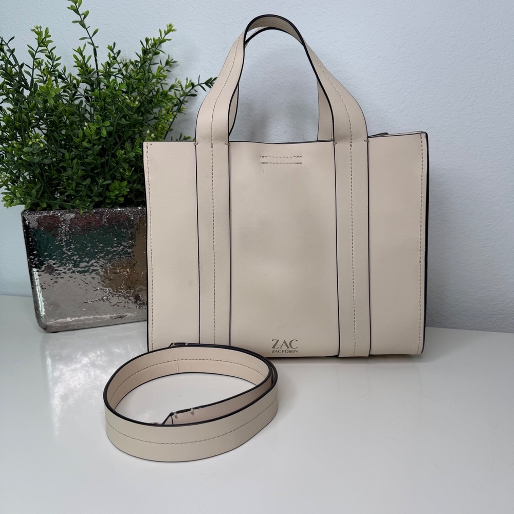 ZAC Zac Posen Eartha Iconic Shopper Cream Leather Hinge Lock Structured Chic OS - Picture 3 of 16